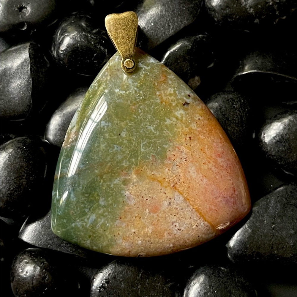 Moss Agate Pendant 1 3/4” diameter. A rounded triangle shape. A great gift.